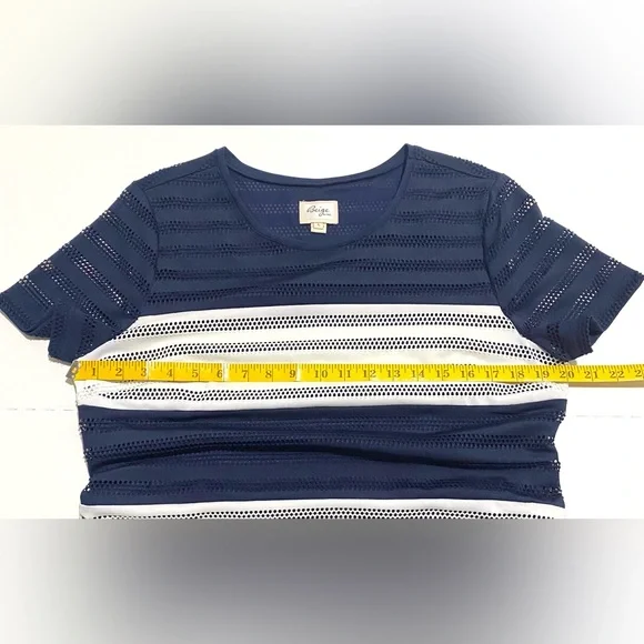 Beige by ECI Womens L Navy Blue White Stripe Short Sleeve Straight Dress Classic - Picture 8 of 12